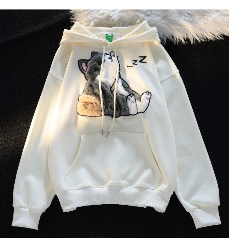 Cute Kawaii Cat Hoodies Women 2023 New Autumn Thin Women Pulovers Interesting Design Hooded Sweatshirt Woman Y2k Streetwear