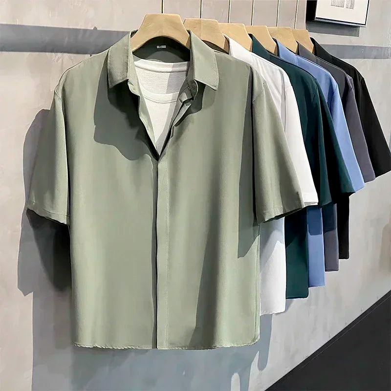 Summer Men's Anti-wrinkle Solid Color Short-sleeved Shirt Office Casual Loose Button Pocket Fashion Shirt Men's Clothing Tops