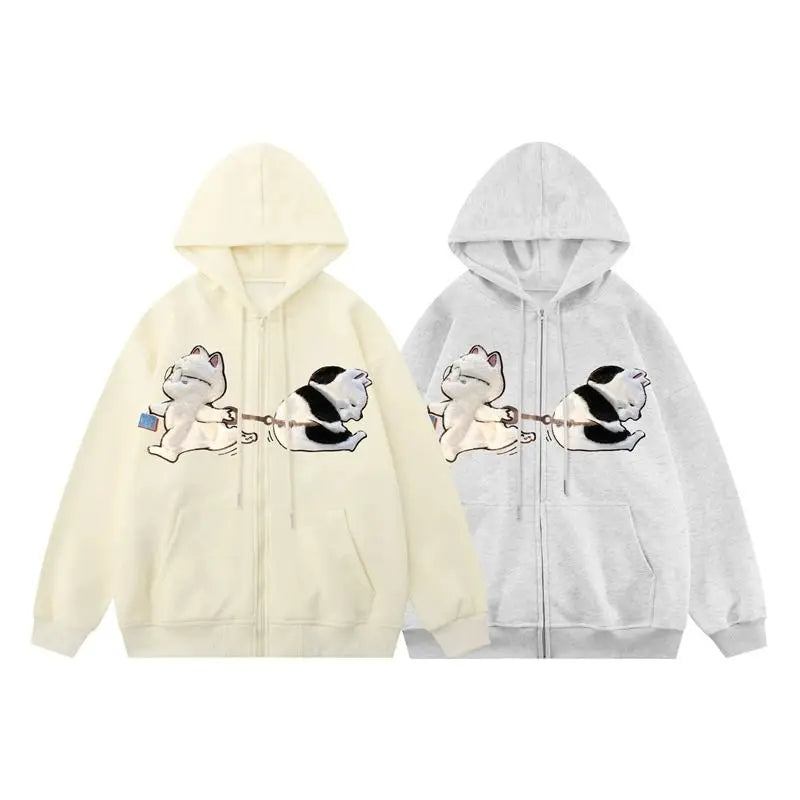 Kawaii Animal Plush Cat Embroidered Sweatshirt Zip Up Hooded Sweater For Men Women Cute Cardigan Hoodie Yk2 Harajuku Jacket Top