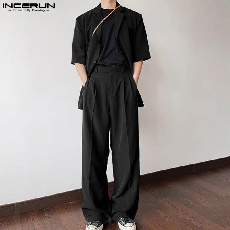 INCERUN 2024 Korean Style New Men Sets Short Sleeved Suit Jackets Long Pants Stylish Simple Male Suit Collar Suit 2 Pieces S-5XL