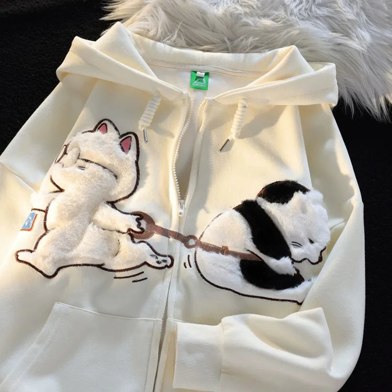 Kawaii Animal Plush Cat Embroidered Sweatshirt Zip Up Hooded Sweater For Men Women Cute Cardigan Hoodie Yk2 Harajuku Jacket Top