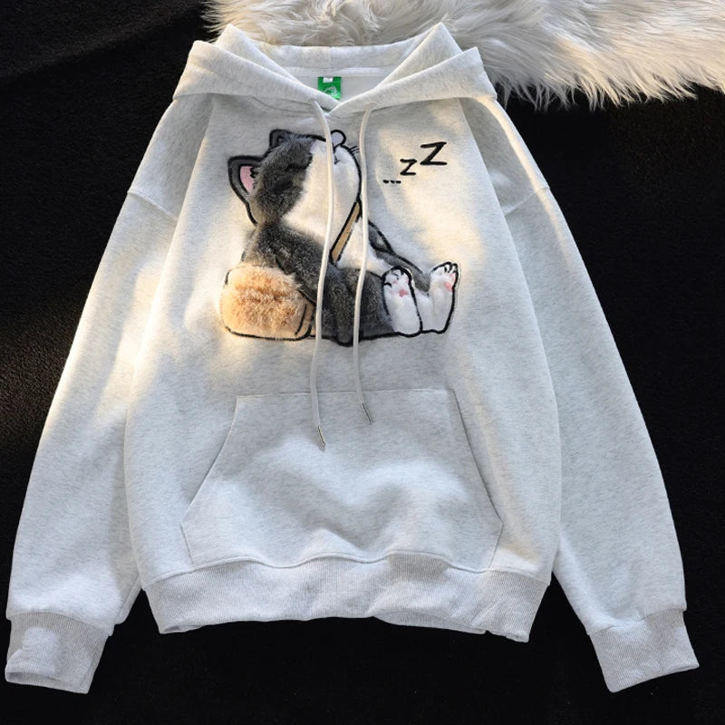 Cute Kawaii Cat Hoodies Women 2023 New Autumn Thin Women Pulovers Interesting Design Hooded Sweatshirt Woman Y2k Streetwear