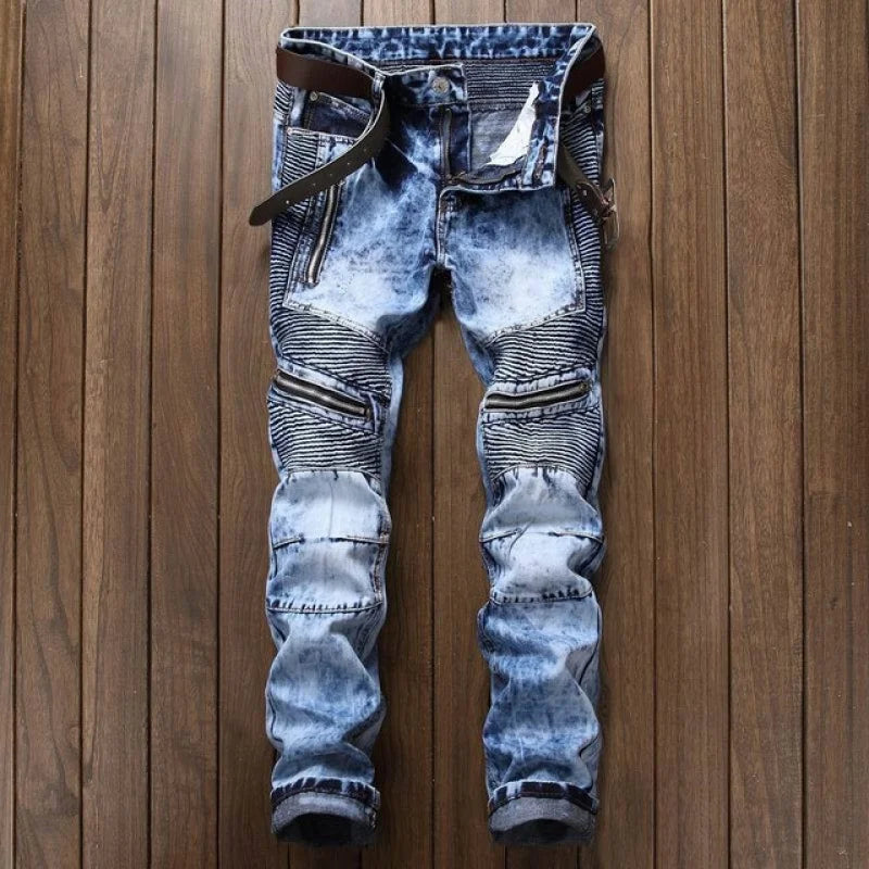 Men'S Bike Jeans Fashionable Hip Hop Straight Fit, Slim Fit, Punk Cotton Motorcycle Jeans Casual Elastic Pants