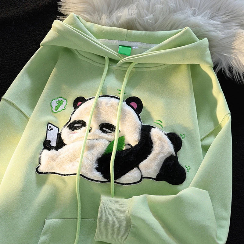 Spring Winter Panda Embroidery Pullover Cute Cartoon Cotton Loose Women Hooded Sweatshirt Couple Clothes Student Coat Hoodie