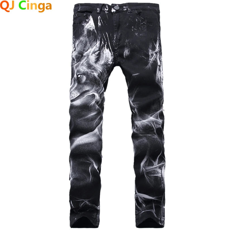 Night Club Mens 3D Printing Jeans Denim Black Wolf Pattern Printed Punk Straight Cotton Casual Print Denim Pants Plus Size 28-42