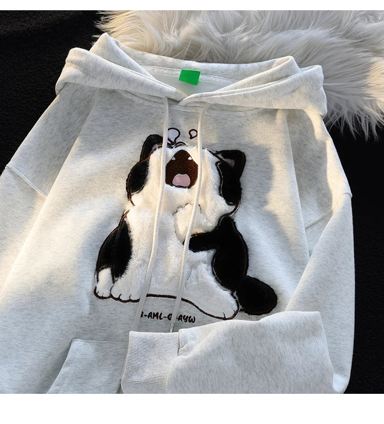 Kawaii Cute Cat Couples Sweatshirt Female 2023 Autumn and Winter Sweet Loose Long Sleeve Cotton Lining Hooded Coat for Women