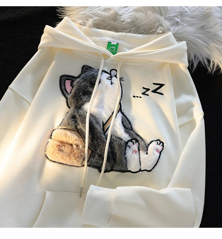 Cute Kawaii Cat Hoodies Women 2023 New Autumn Thin Women Pulovers Interesting Design Hooded Sweatshirt Woman Y2k Streetwear