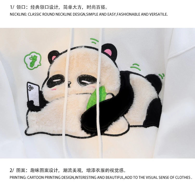 Spring Winter Panda Embroidery Pullover Cute Cartoon Cotton Loose Women Hooded Sweatshirt Couple Clothes Student Coat Hoodie