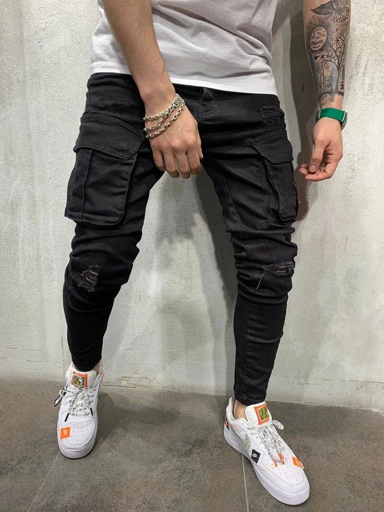 Men Wash Solid Color Multiple Pockets Holes Mid Waist Cargo Pants Trousers Slim Fit Daily Wear Joggers Street Elastic Jeans