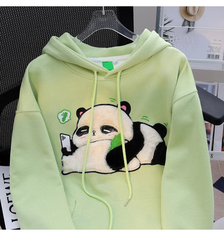 Spring Winter Panda Embroidery Pullover Cute Cartoon Cotton Loose Women Hooded Sweatshirt Couple Clothes Student Coat Hoodie