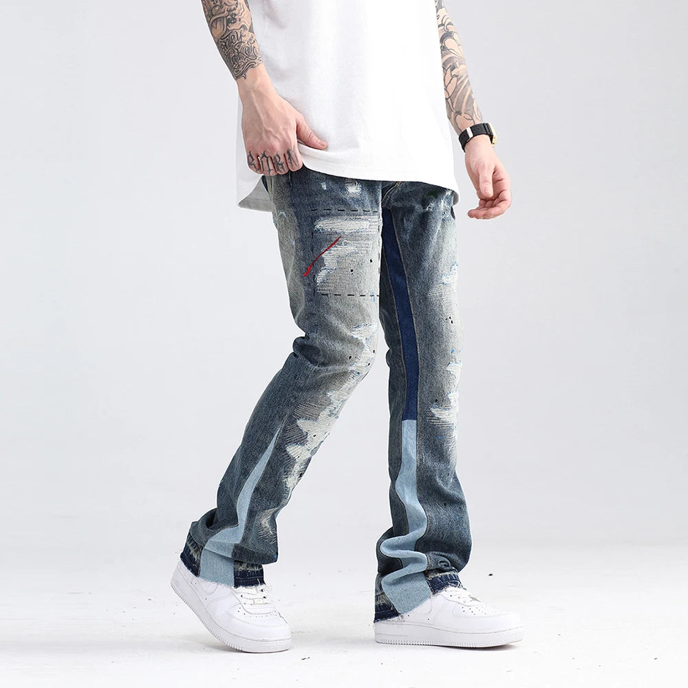 Blue Speckle ink Washed Destroyed Flared Jean Pants Hip Hop Graffiti Ripped Denim Jeans for Men Streetwear Vintage Wide Jeans