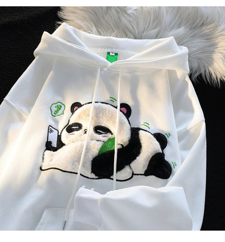 Spring Winter Panda Embroidery Pullover Cute Cartoon Cotton Loose Women Hooded Sweatshirt Couple Clothes Student Coat Hoodie