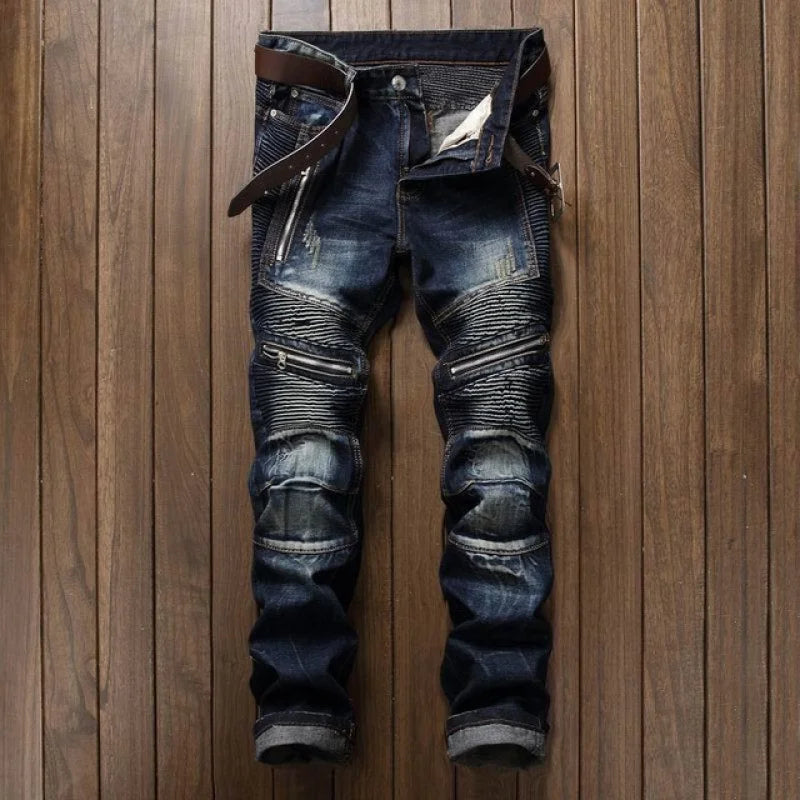 Men'S Bike Jeans Fashionable Hip Hop Straight Fit, Slim Fit, Punk Cotton Motorcycle Jeans Casual Elastic Pants