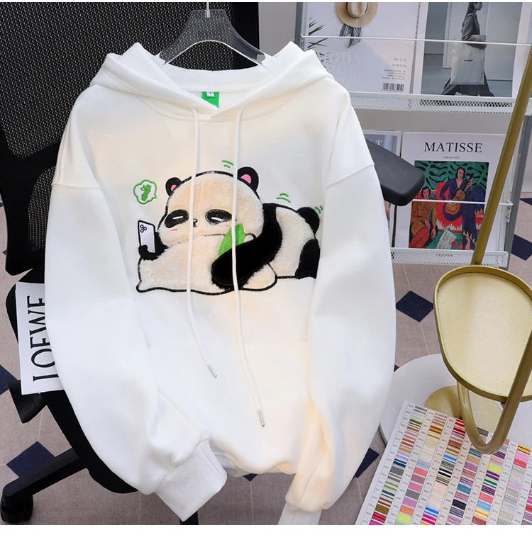 Spring Winter Panda Embroidery Pullover Cute Cartoon Cotton Loose Women Hooded Sweatshirt Couple Clothes Student Coat Hoodie