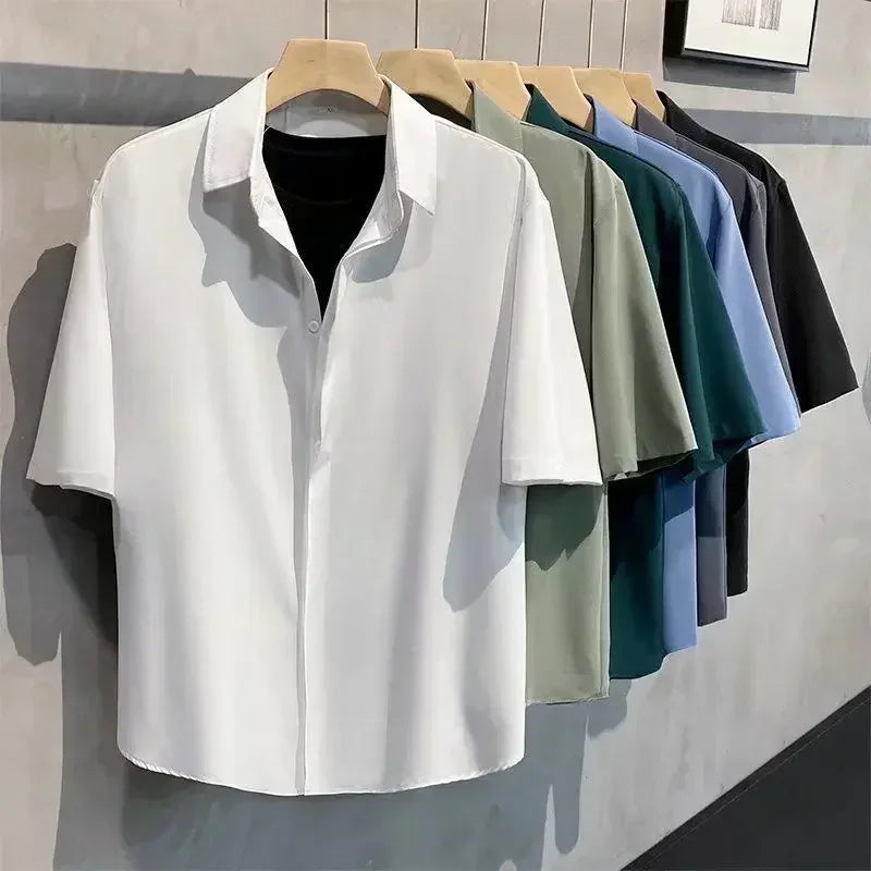 Summer Men's Anti-wrinkle Solid Color Short-sleeved Shirt Office Casual Loose Button Pocket Fashion Shirt Men's Clothing Tops