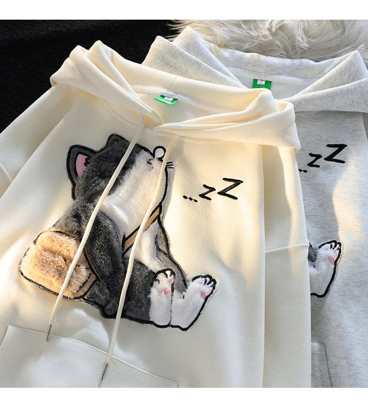 Cute Kawaii Cat Hoodies Women 2023 New Autumn Thin Women Pulovers Interesting Design Hooded Sweatshirt Woman Y2k Streetwear