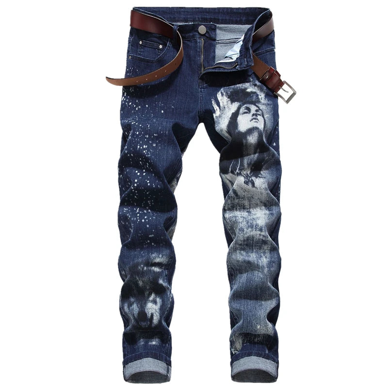 Night Club Mens 3D Printing Jeans Denim Black Wolf Pattern Printed Punk Straight Cotton Casual Print Denim Pants Plus Size 28-42