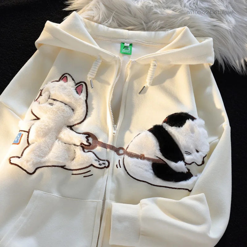 New Plush Embroidery Cartoon Cute Cat Hoodie Y2k Korean Fashion Tops Female Spring Autumn Zipper Jacket Women Cute Sweatshirts